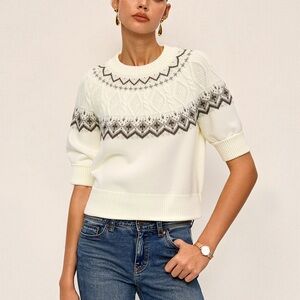Commense Ivory Fair Isle Pattern Short Sleeve Knit Top Size XS NWT